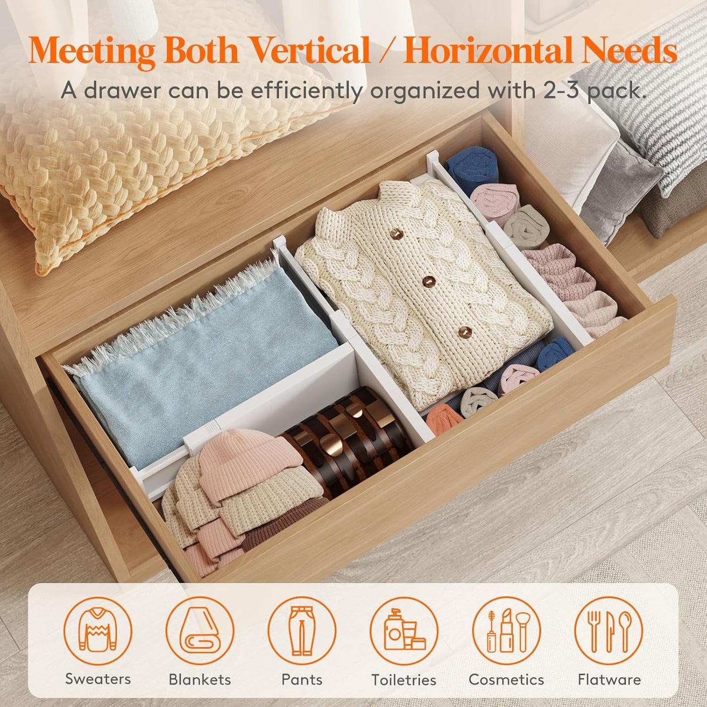 Lifewit 5 Pack 5" High Drawer Divider, 13.5-22" Expandable Deep Drawer Dividers for Clothes, Adjustable Dresser Drawer Organizers, Clothing Drawer Separators for Dresser, Kitchen, Bedroom, White