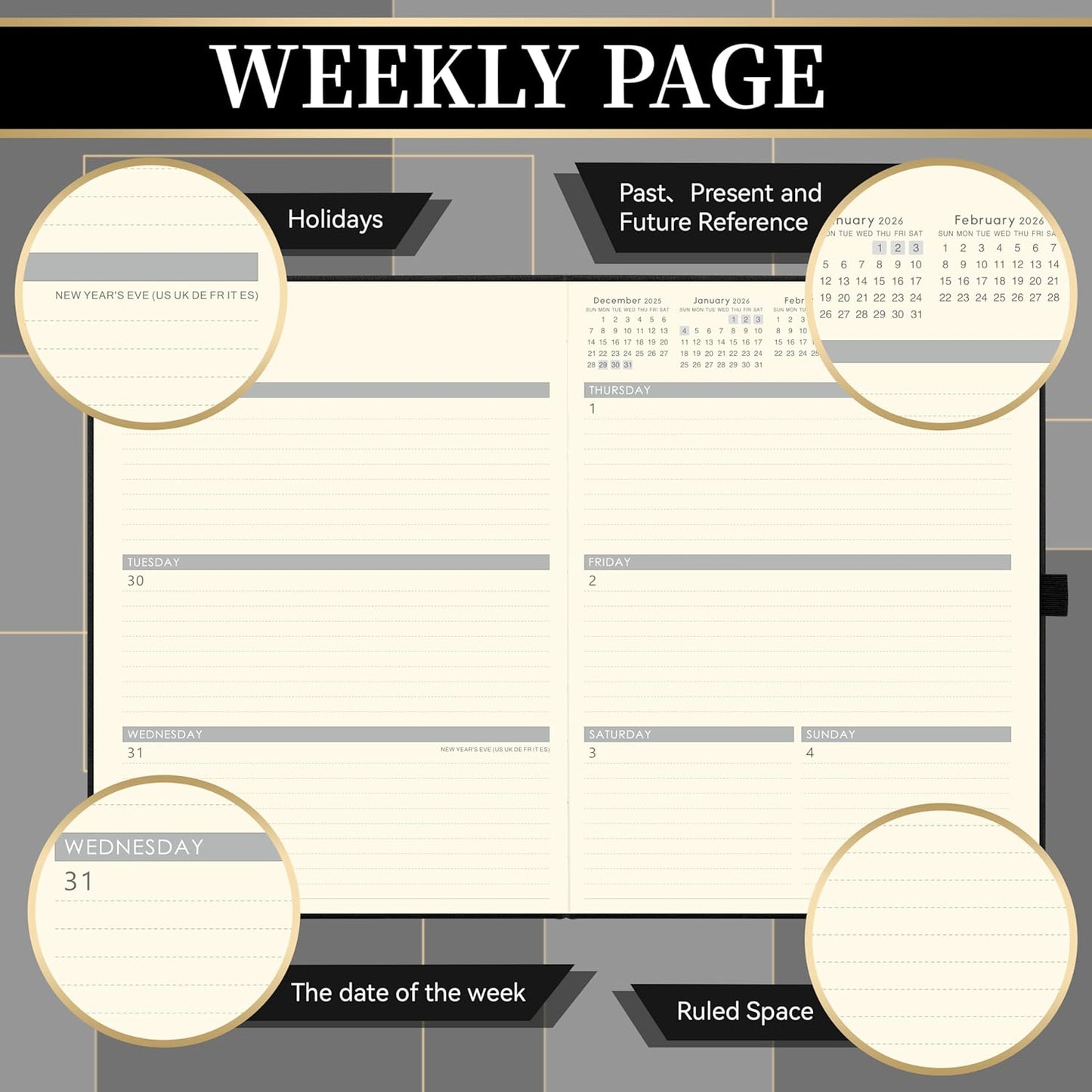 2026 Planner - Weekly and Monthly Planner 2026, Jan.2026 - Dec.2026, 9" x 11", 2026 Calendar Planner with Inner Pocket + Bookmarks+ Leather Hardcover, Black