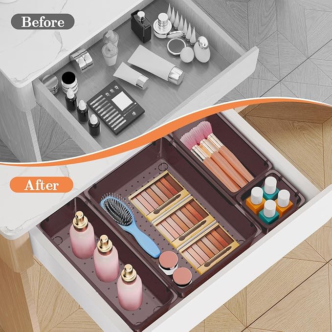 25 PCS Plastic Drawer Organizer Set, 4-Size Versatile Organizer Trays & storage Bins for Makeup, Jewelry, and Gadgets in Bathroom, Bedroom and Office,Brown