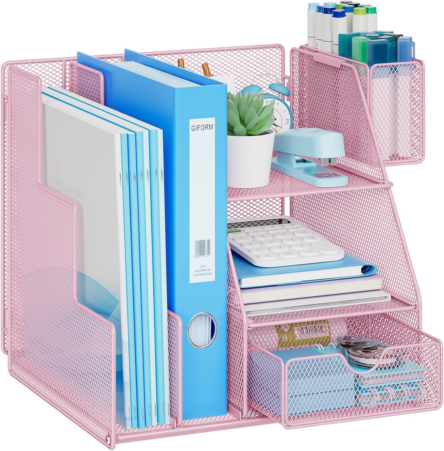 Marbrasse Desk Organizer and Accessories, 3-Tier File Organizer with Drawer and Pen Holder, Small Desktop Organizer and Storage for Workspace Office Supplies Pink