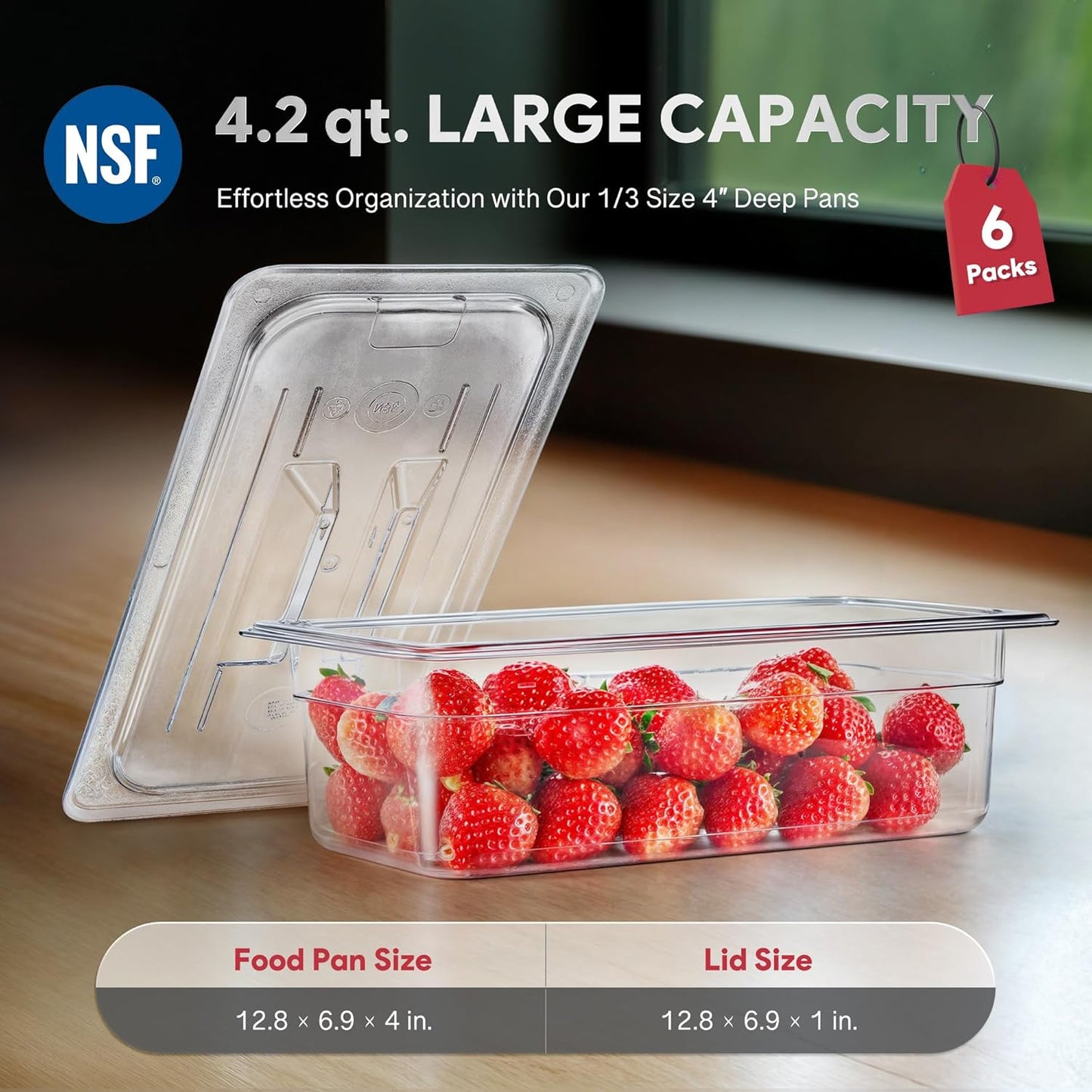WILPREP 6 Pack Plastic Food Pans with Lids NSF Listed, 1/3 Size 4 in Deep Clear Food Storage Containers, 4.2 qt Stackable Polycarbonate Commercial Hotel for Fruits Vegetables Beans Corns
