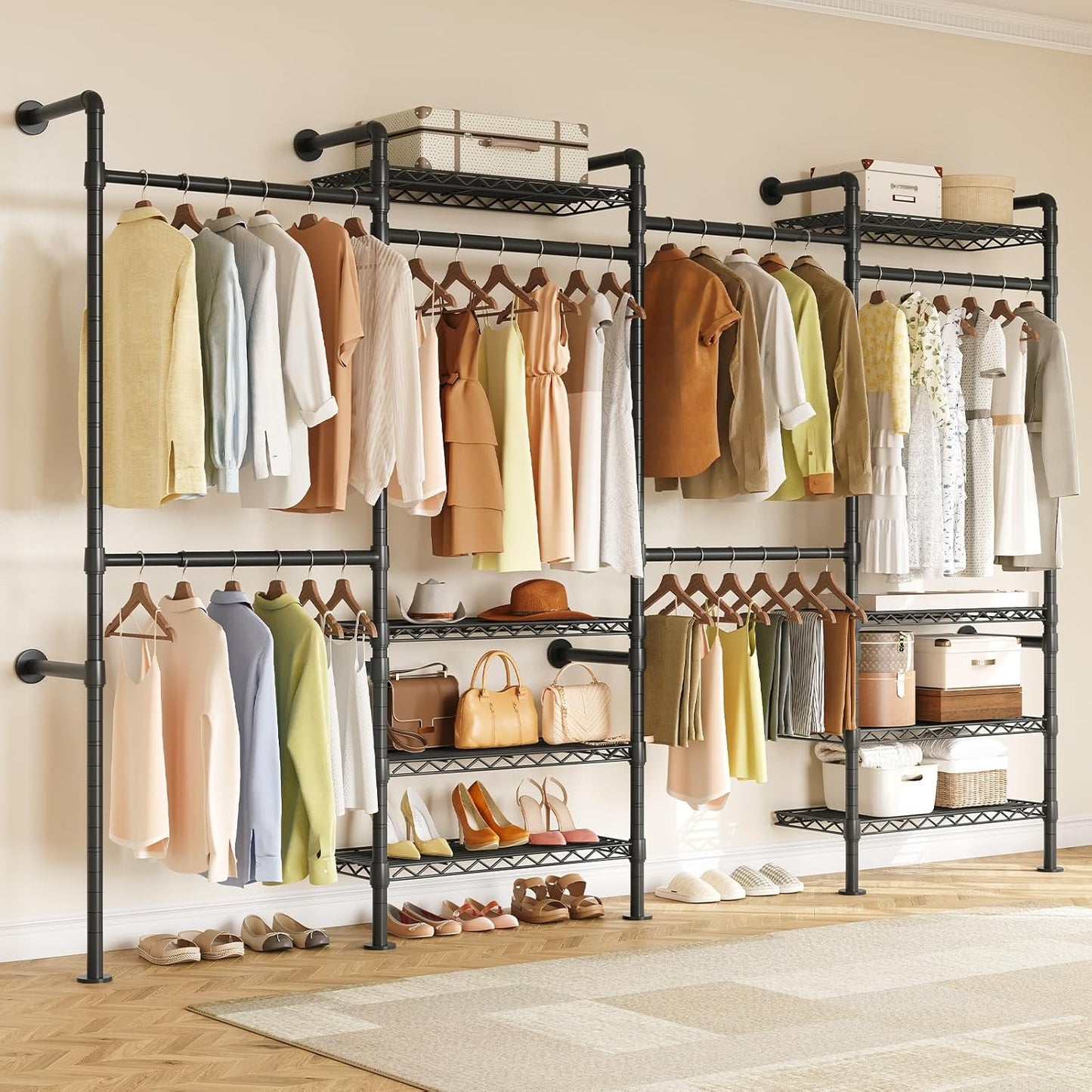 ONBRILL L4 Wall Mounted Industrial Pipe Clothing Rack, Closet Organizer System with 6 Hanging Clothes Rods ( 4 Expandable Rods) & 8 Shelves, Heavy Duty Corner Garment Rack, Large Wardrobe - Black