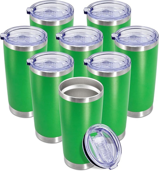 20 oz Tumbler Coffee Travel Tumblers Bulk with Lid Stainless Steel Double Wall Vacuum Insulated Mug Powder Coated Cups fit Car Cupholder for Hot and Cold - Green, 8Pack