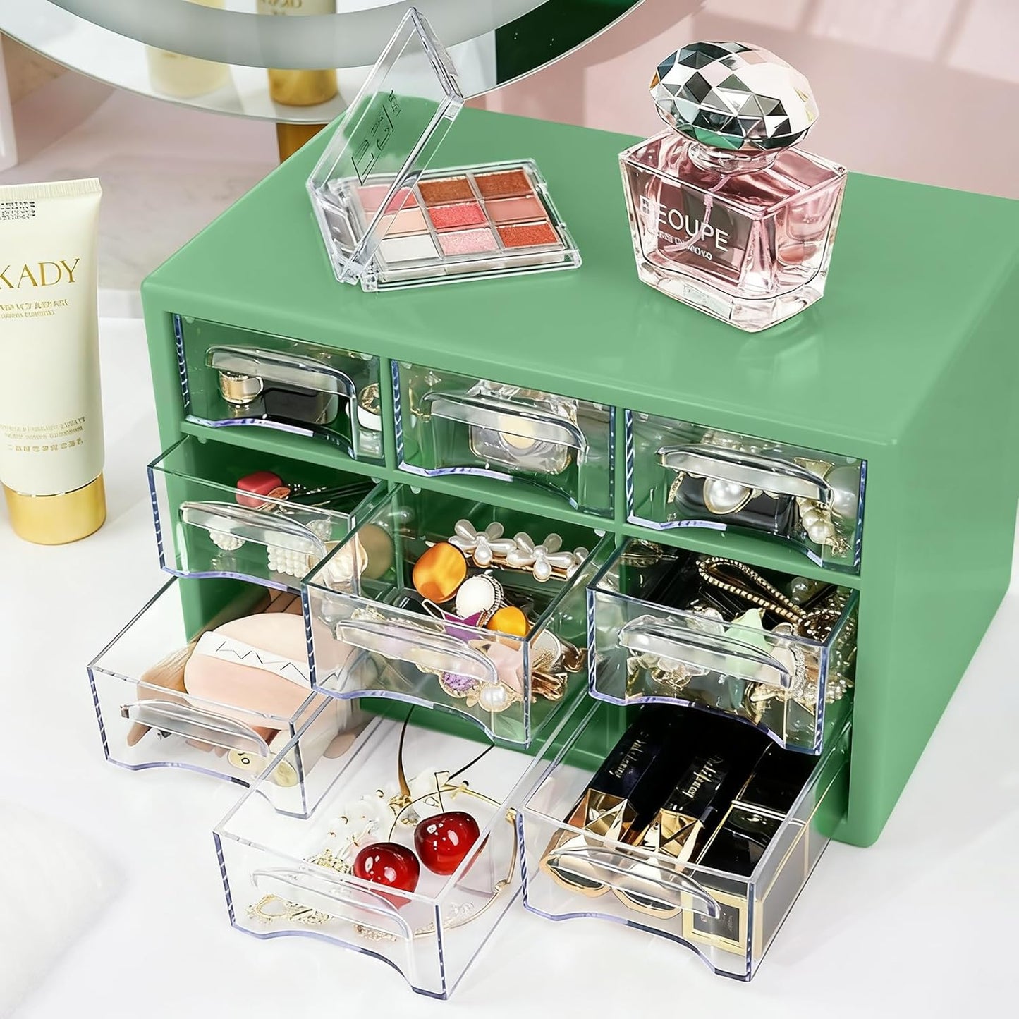 Desk Storage Organizer with 9 Drawers, FODIENS Stackable Desktop Craft Drawer Cabinet, Clear Storage Box Caddy for Makeup Jewelry Office Craft Supplies (9.84×6.3×5.9in) (Green)