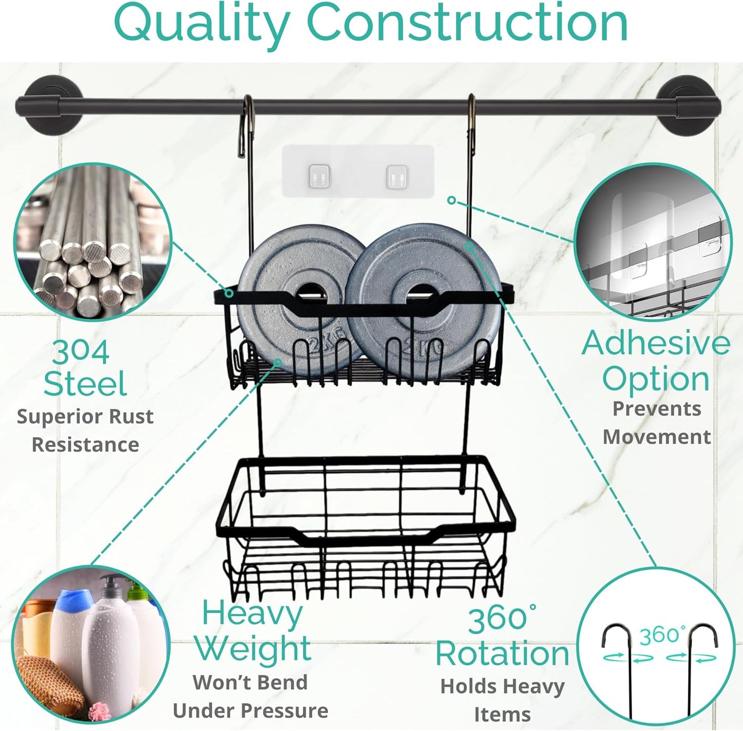 Black Shower Caddy Hanging - Rust-Proof 304 Stainless Steel Shower Caddy with Rotatable Hooks and Adhesives - Ideal for Bathroom Essentials - Convenient for Bathroom Toiletries