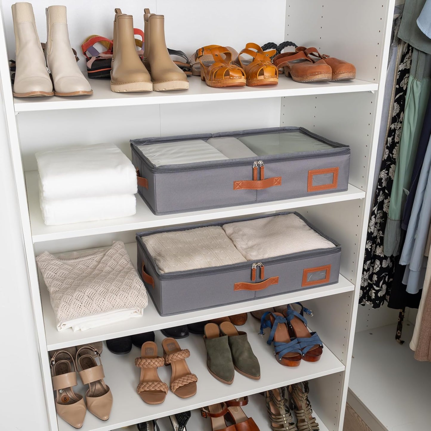 OrganiHaus Under Bed Storage Containers, Bedroom Storage and Organization Bins, Clothes Organizer for Closet with Clear Cover and Reinforced Handles - Set of 2 23.5x12.5x5 inches Gray