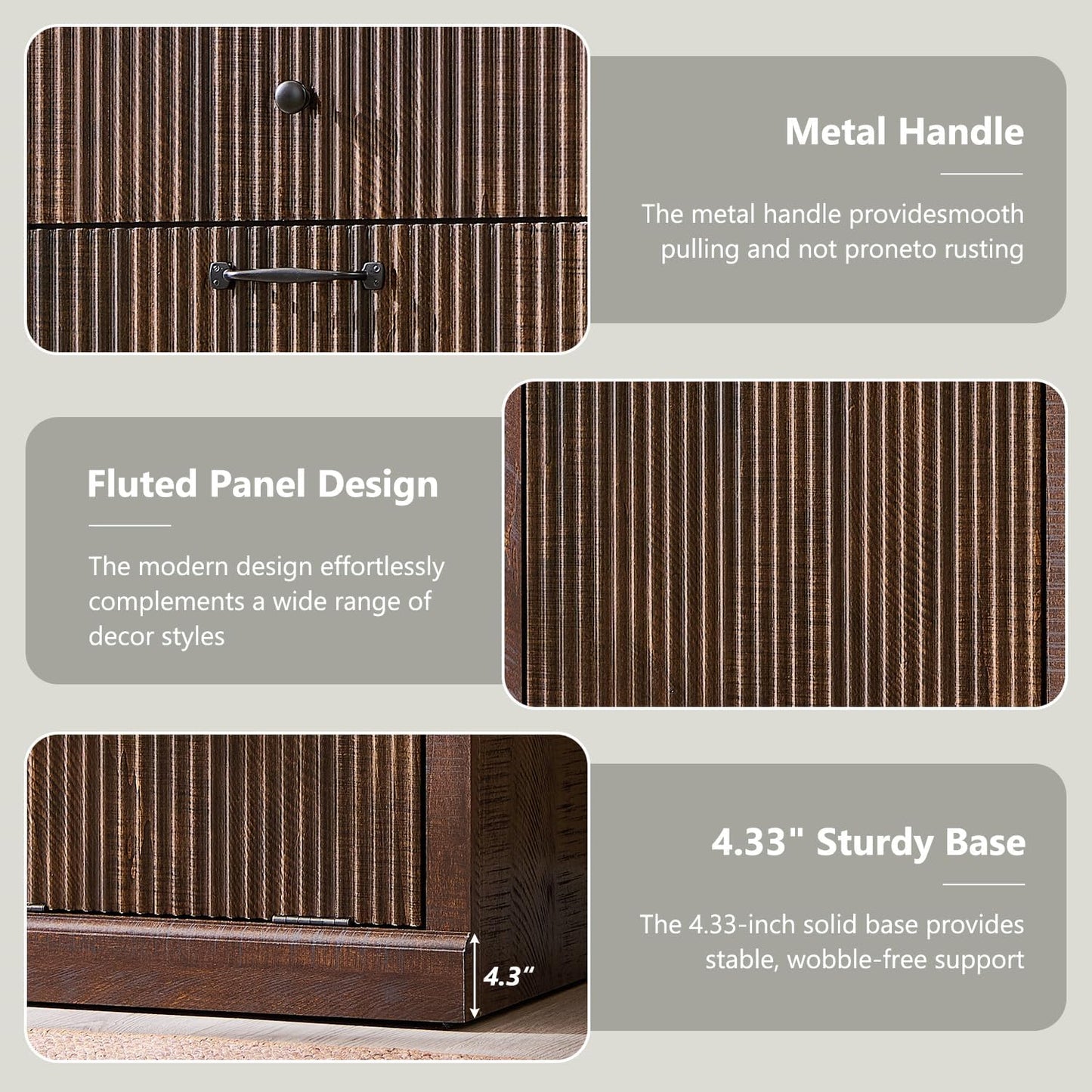 Modern Tilt Out Laundry Hamper Cabinet, 10 Gallon Fluted Trash Can Cabinet with Drawer, Wooden Hidden Garbage Can Cabinets with Laundry Basket, Free Standing for Bathroom and Kitchen, Brown