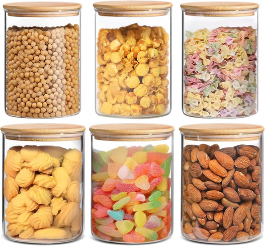 6 Pack Glass Food Storage Jars with Airtight Lids, Clear Glass Jar with Bamboo Lid, Airtight Food Canister for Tea, Candy, Coffee, Sugar, Cookie, Snack. (Round | 5+6 Inch) SET of 3