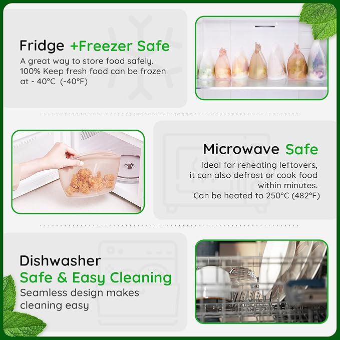 Premium Platinum Silicone Reusable Food Storage Bags 3-Pack (17 fl oz + 29 fl oz + 51 fl oz), Airtight Zip Lock Bags for Food, BPA-Free Silicone Freezer Bags, Brown