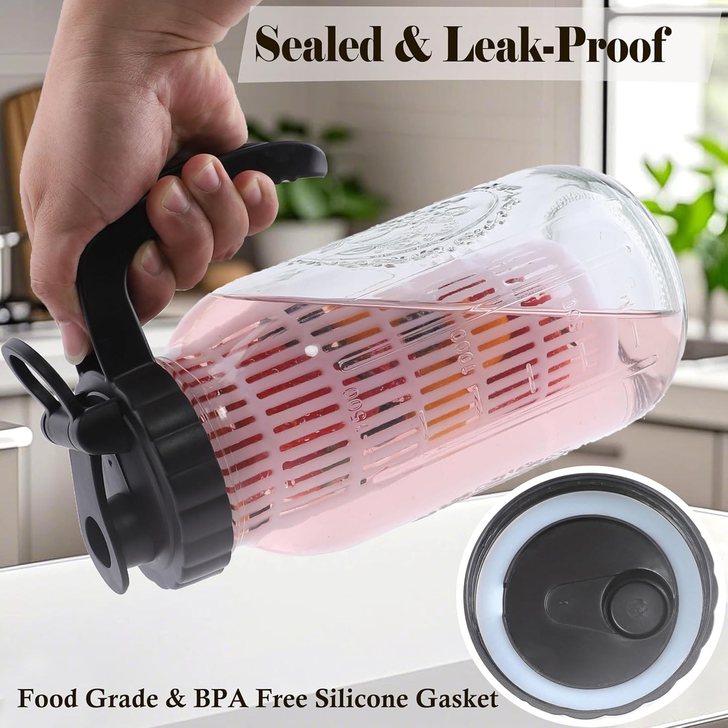 64 Oz Glass Mason Jar Water Pitcher with Infuser 2 Set Half Gallon Water Jug Carafe 2 Quart Pitcher For Cold Hot Tea Coffee Lemonade Homemade Drinks Breast Milk Juice Container For Refrigerator