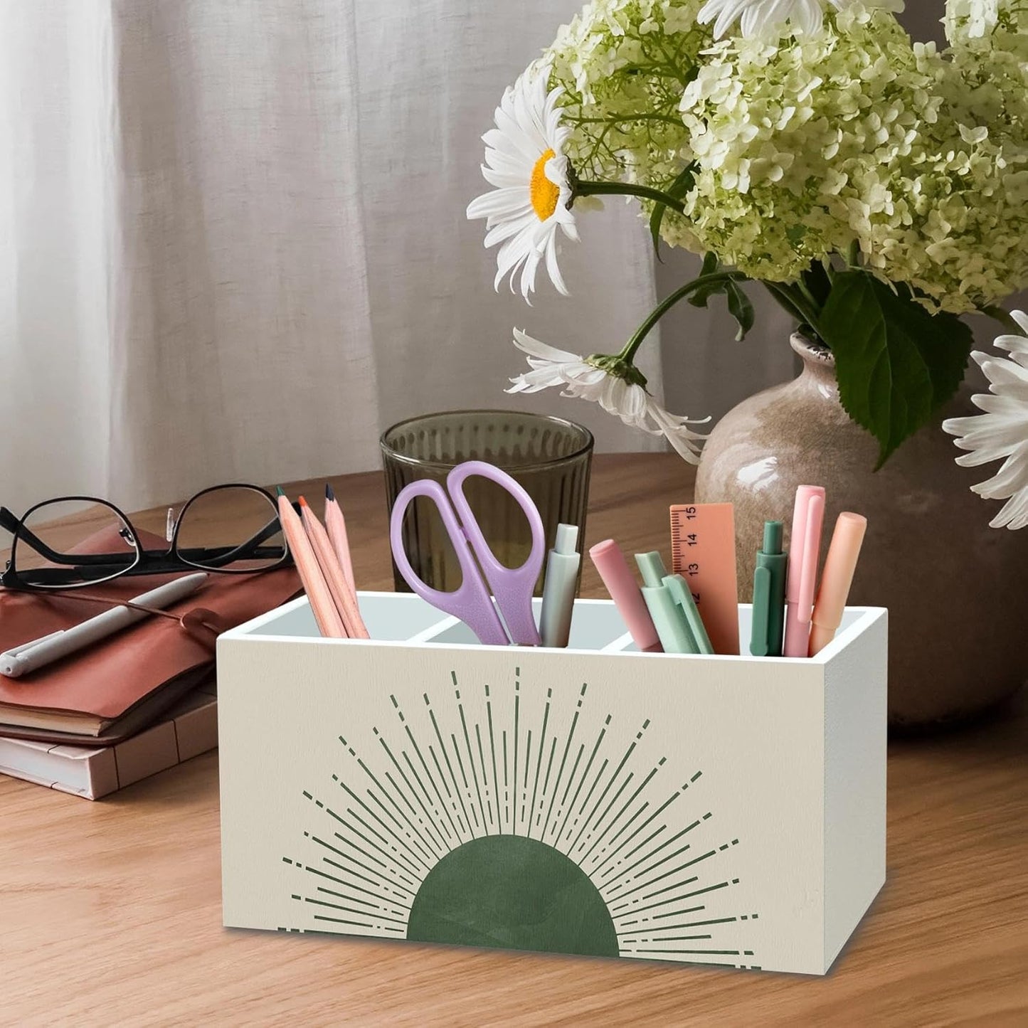 DILSJ Boho Abstract Sunshine Pen Pencil Holder Organizer for Desk, Boho Office Decor, Sage Green Mid Century Modern Minimalist Sun Sunshine Wooden Box Signs for Home Office Desk Tabletop Decoration