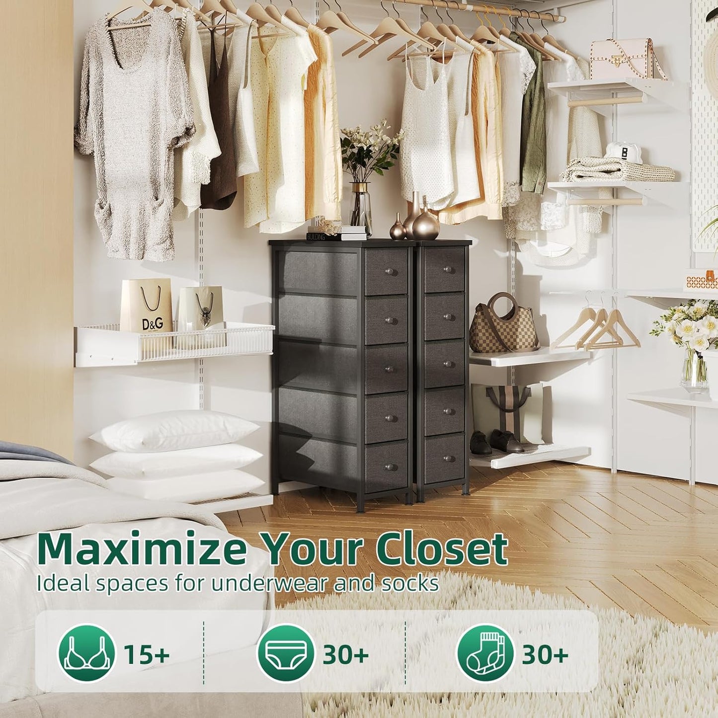 Narrow Dresser, 19" Wide Narrow Nightstand Dresser Storage Tower with 5 Drawers, Slim Fabric Dressers Chest of Drawers for Small Spaces, Wood Top & Fabric Bins for Bedroom Bathroom Closet (Black)