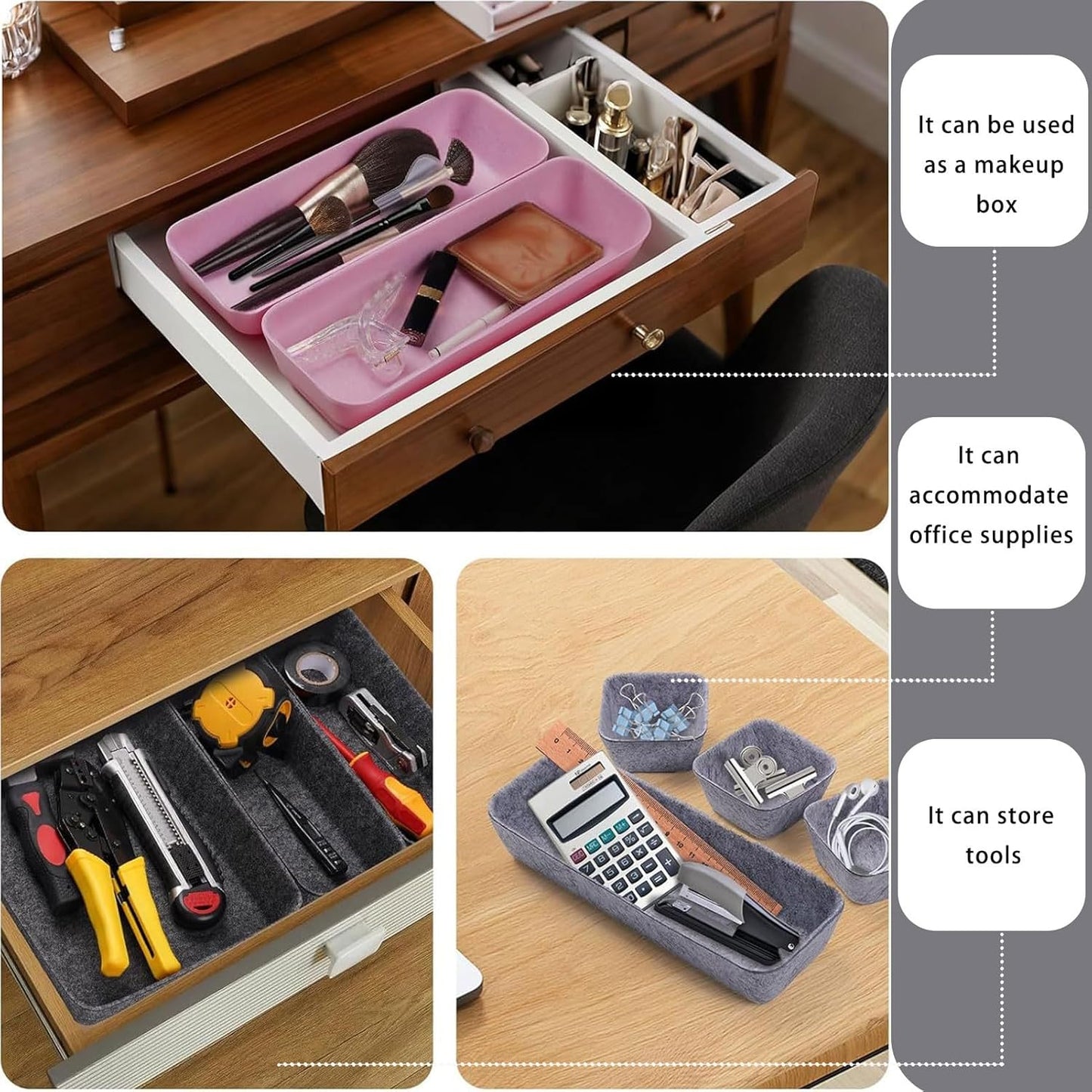 Felt Drawer Organizer Set, 8PCS Desk Drawer Storage Bins for Office, Kitchen, Dresser, and Makeup — Soft Fabric Drawer Dividers for Neat Organization (Dark Gray)