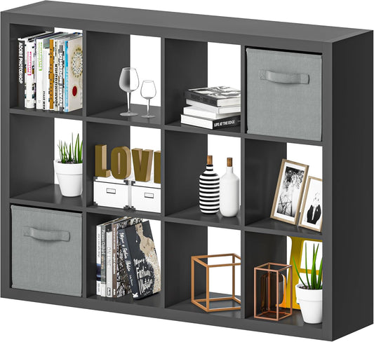Bookshelf with Storage Bin, 12-Cube Storage Organizer, Modern Wood Open Bookcase, Multifunctional Display Shelf for Living Room, Bedroom, Home Office, Black