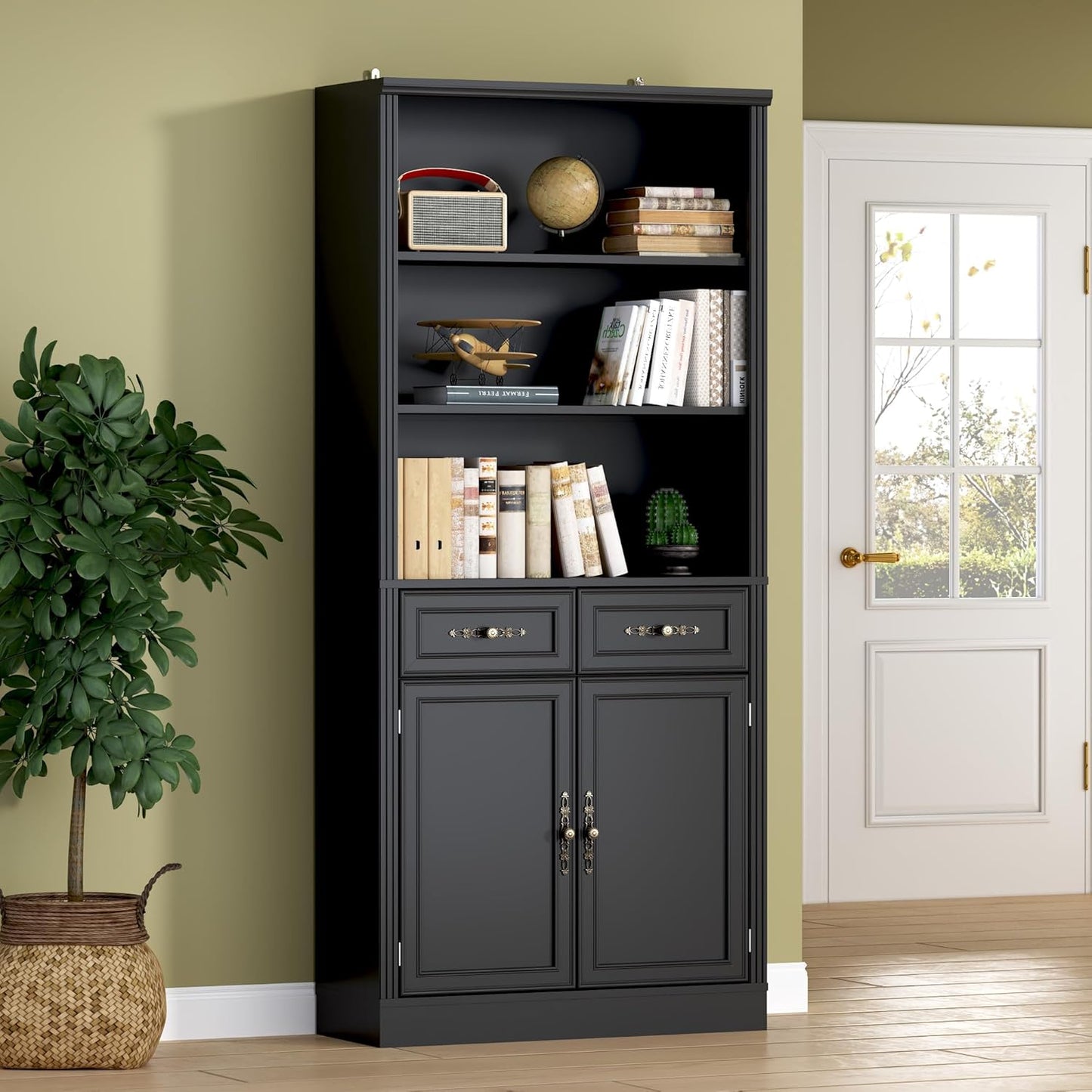 71.4" Tall Bookshelf with Drawers & Cabinet, 5-Tier Floor Standing Bookcase with Storage Doors, Adjustable Shelves & Metal Handles, 31.5" Wide Organizer for Home Office, Living Room