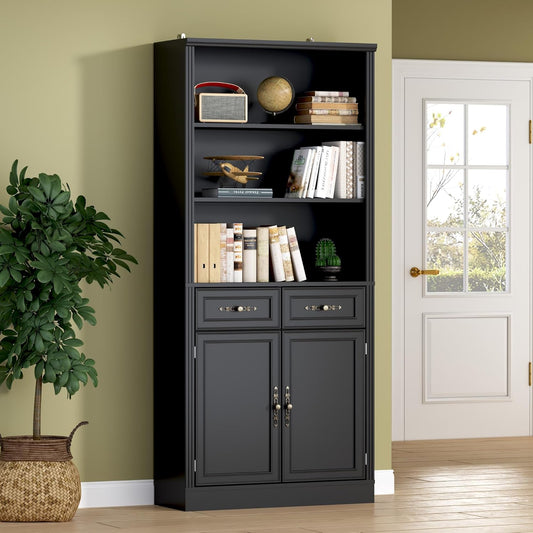 71.4" Tall Bookshelf with Drawers & Cabinet, 5-Tier Floor Standing Bookcase with Storage Doors, Adjustable Shelves & Metal Handles, 31.5" Wide Organizer for Home Office, Living Room