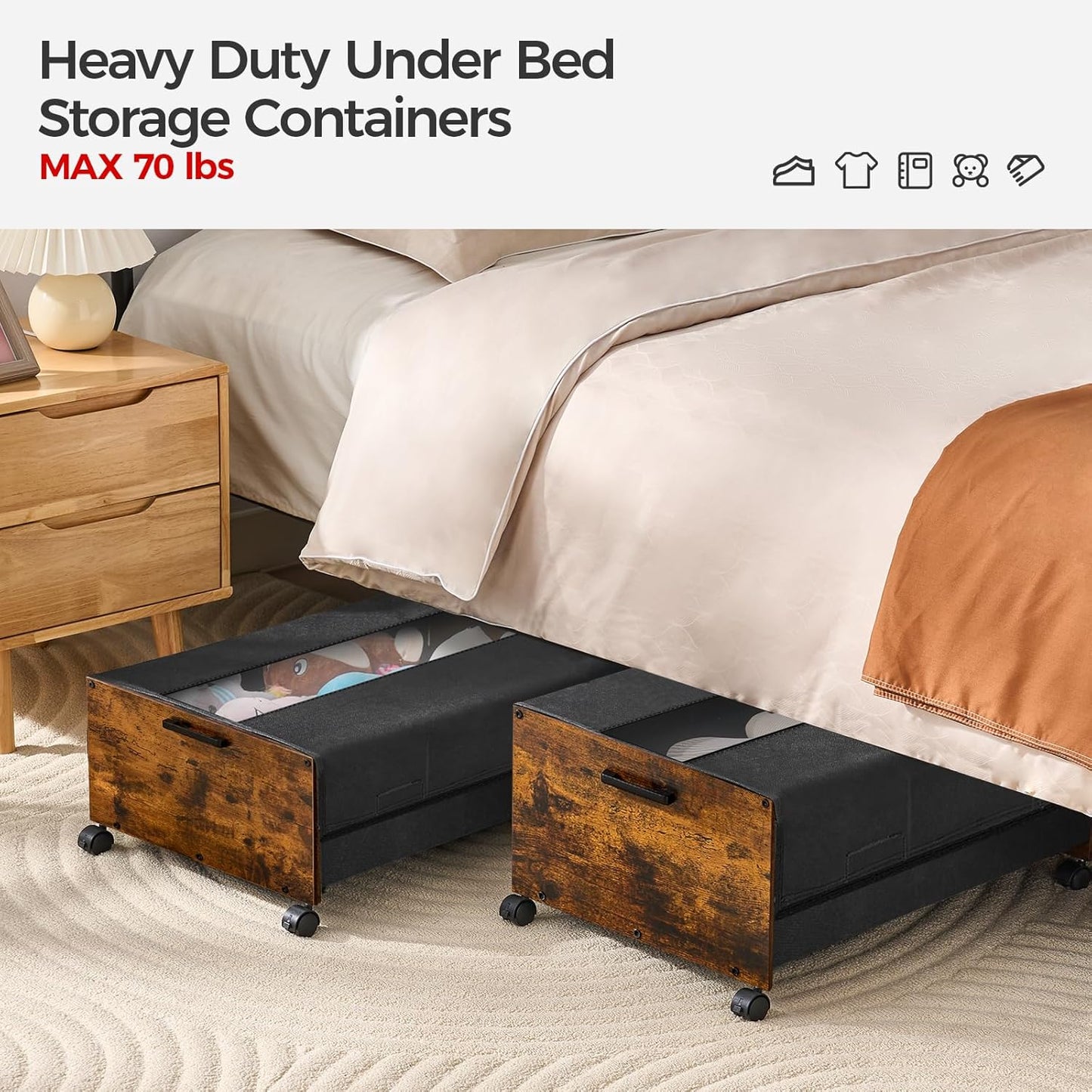 Under Bed Storage with Wheels, Under Bed Storage Containers, UnderBed Drawers with Metal Frame, for Clothes Shoes Blanket