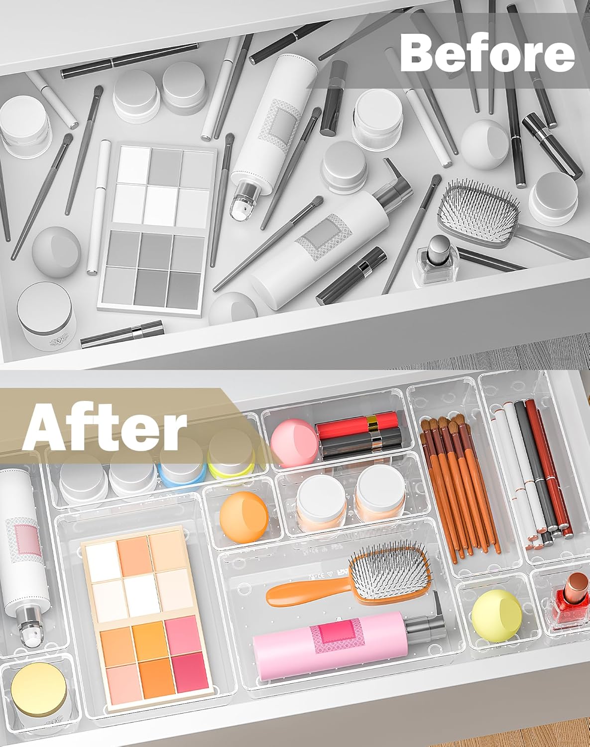 15Pcs Clear Plastic Drawer Organizers Set, 4size makeup drawer organizer trays for vanity/desk/bathroom/office/nightstand/gadgets for kitchen/desk drawer, Versatile drawer divider storage bins