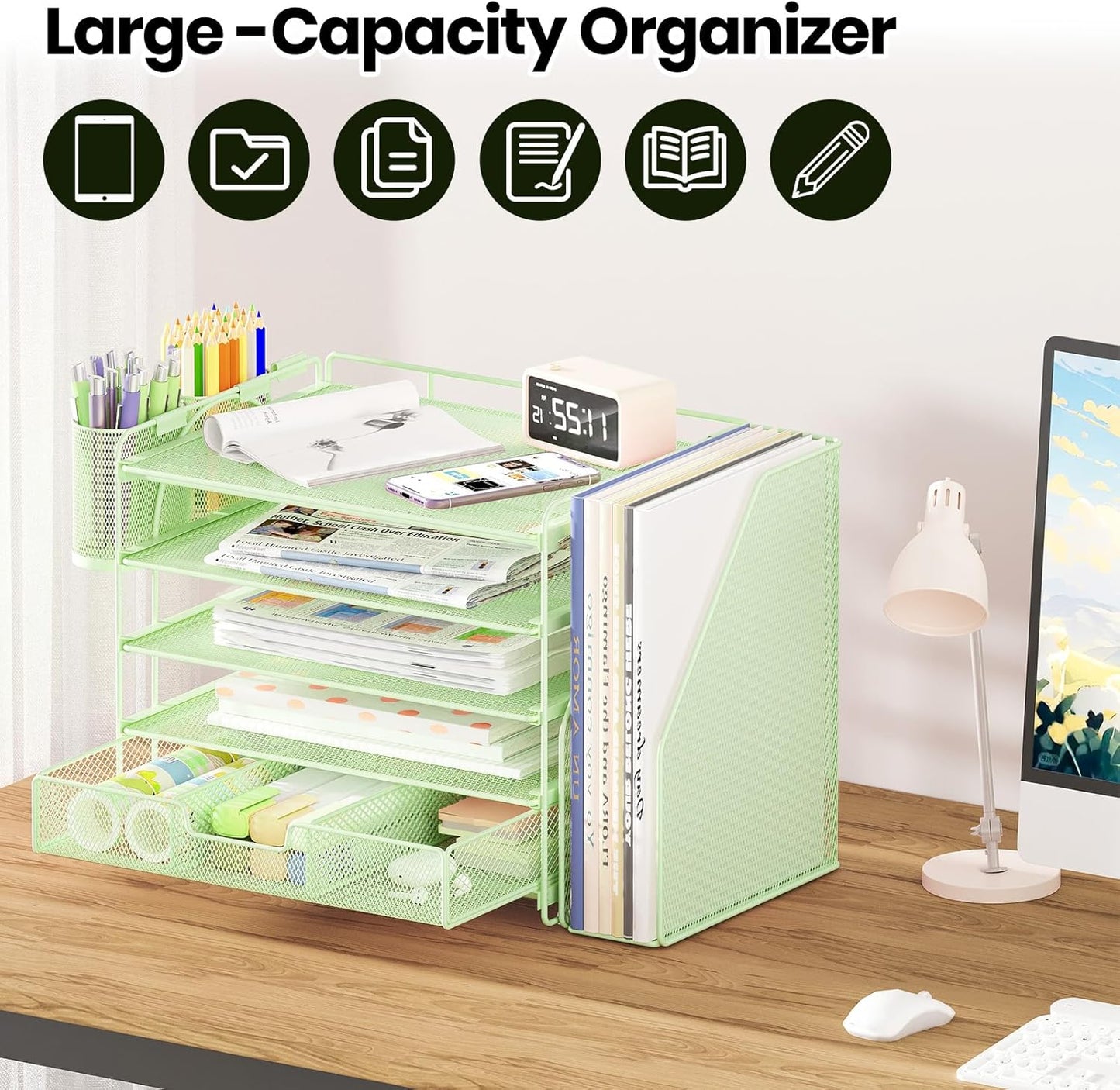 Desk Organizers and Accessories with File Holder, 5-Tier Office Desk Accessories & Workspace Desktop Organizer with Drawer and 2 Pen Holder, File Paper Organizer for Office Supplies(Green)