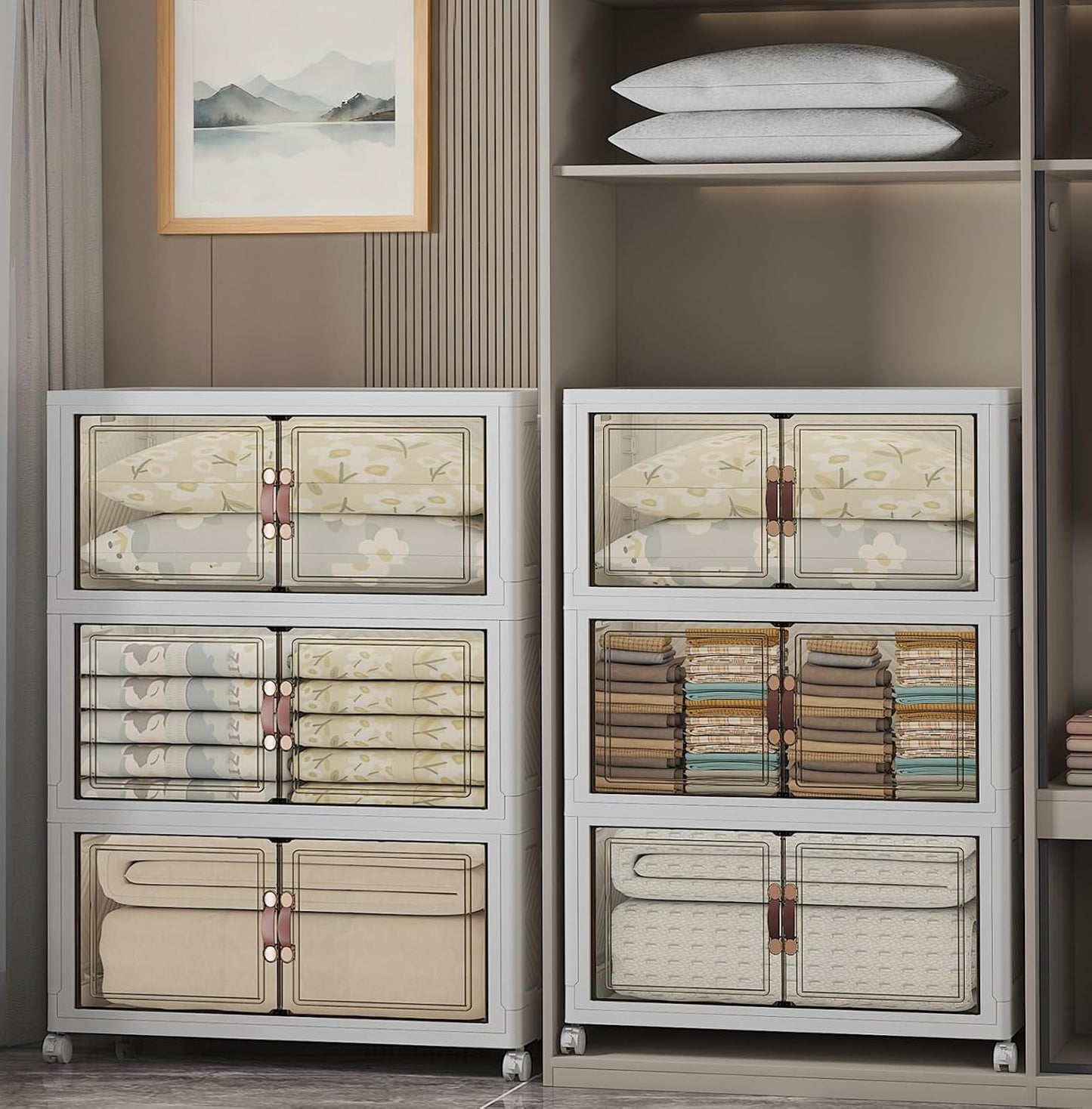 Extra Large Stackable Storage Bins with Lids & Wheels & Door, 960QT-160QT/40GAL*6Pack Foldable Collapsible Closet Organizers, Plastic containers drawers for bedroom Dorm