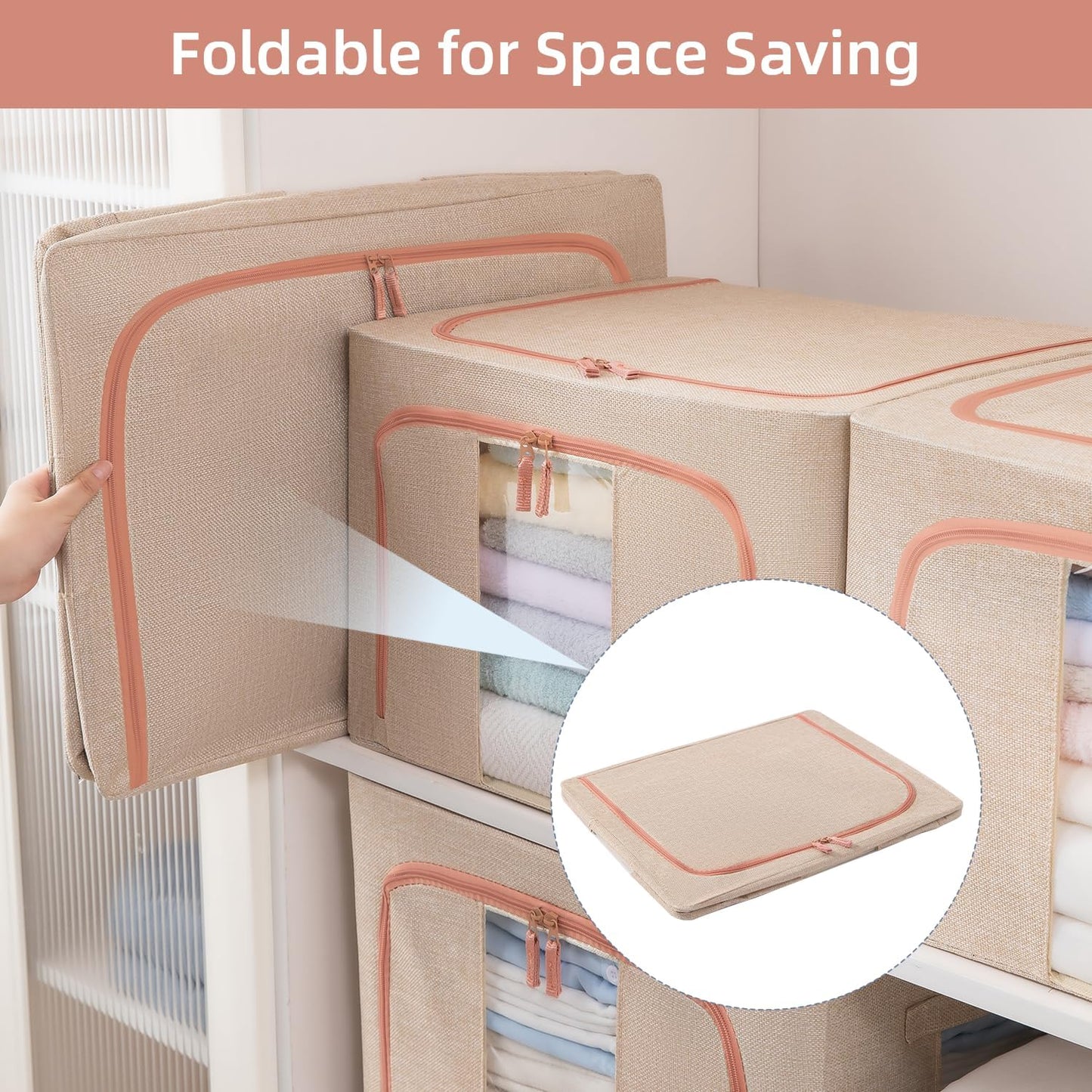 66L Stackable Clothes Storage Bins with Metal Frame Handles & Zipper, Collapsible Closet Organizer Box with Lid for Bedding Blankets Towel (Beige,1 pack)