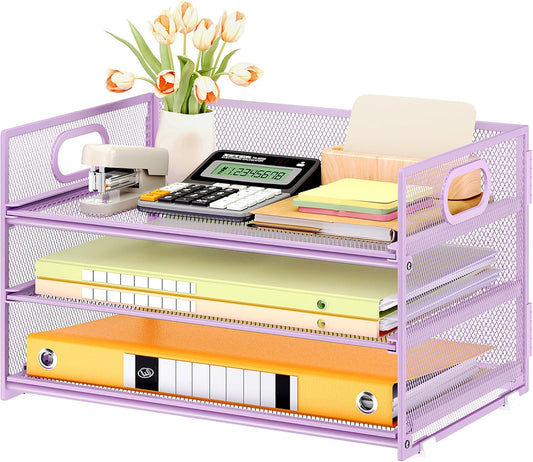 Subekyu 3 Tier Letter Tray Paper Organizer with Handle and 1 PC Sliding Tray, Purple Metal Mesh Desk File Folder Paper Sorter Organizer for Home Office School Desk Supplies Organization Storage