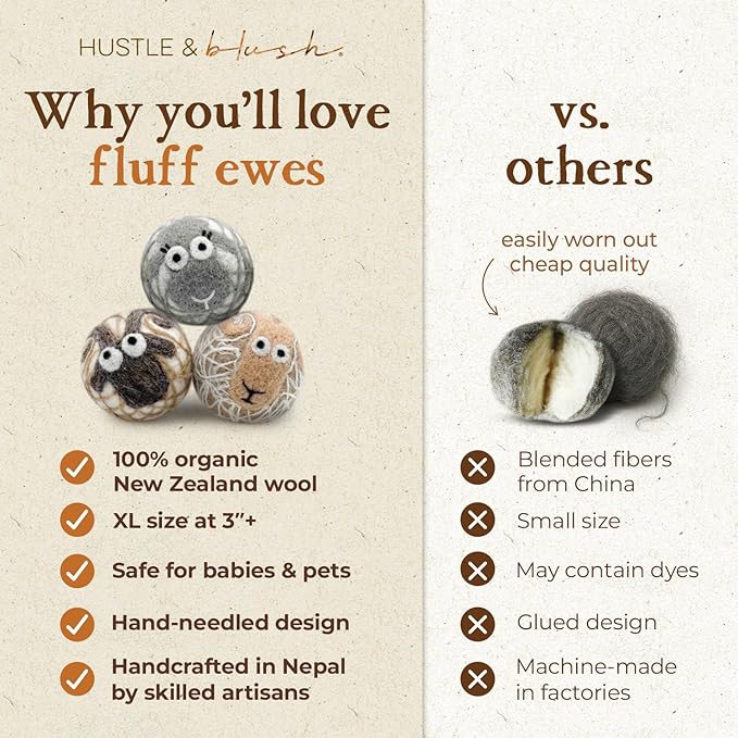 Hustle & Blush Fluff Ewes Wool Dryer Balls 3 Pack - XL Lights Premium New Zealand Laundry Set, Reduces Drying Time, Static Control, Chemical Free, Ideal Holiday Gifts for Women & Men