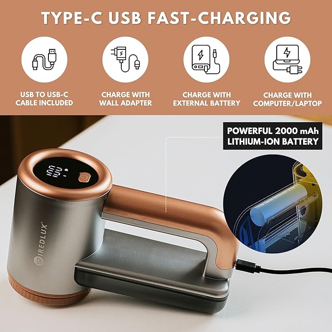 Rechargeable Fabric Shaver - Electric Lint Remover for Clothes & Couch - Adjustable 3-Speed, 6-Leaf Blade, LED Display, USB Charging - Depiller with Dual Protection