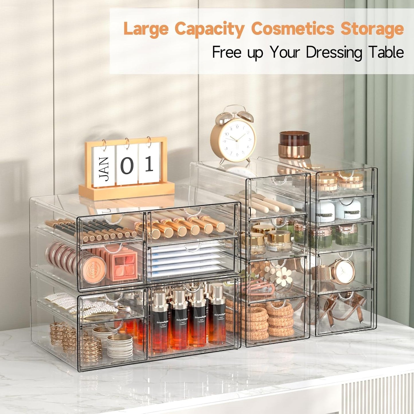 Makeup Drawer Storage Organizer with 16 Drawers, 4 Set Acrylic Office Desk Organization and Storage, Dustproof Drawer Organizer for Makeup, Office, Countertop, Jewelry, Pen, Desktop, Bathroom, Bedroom