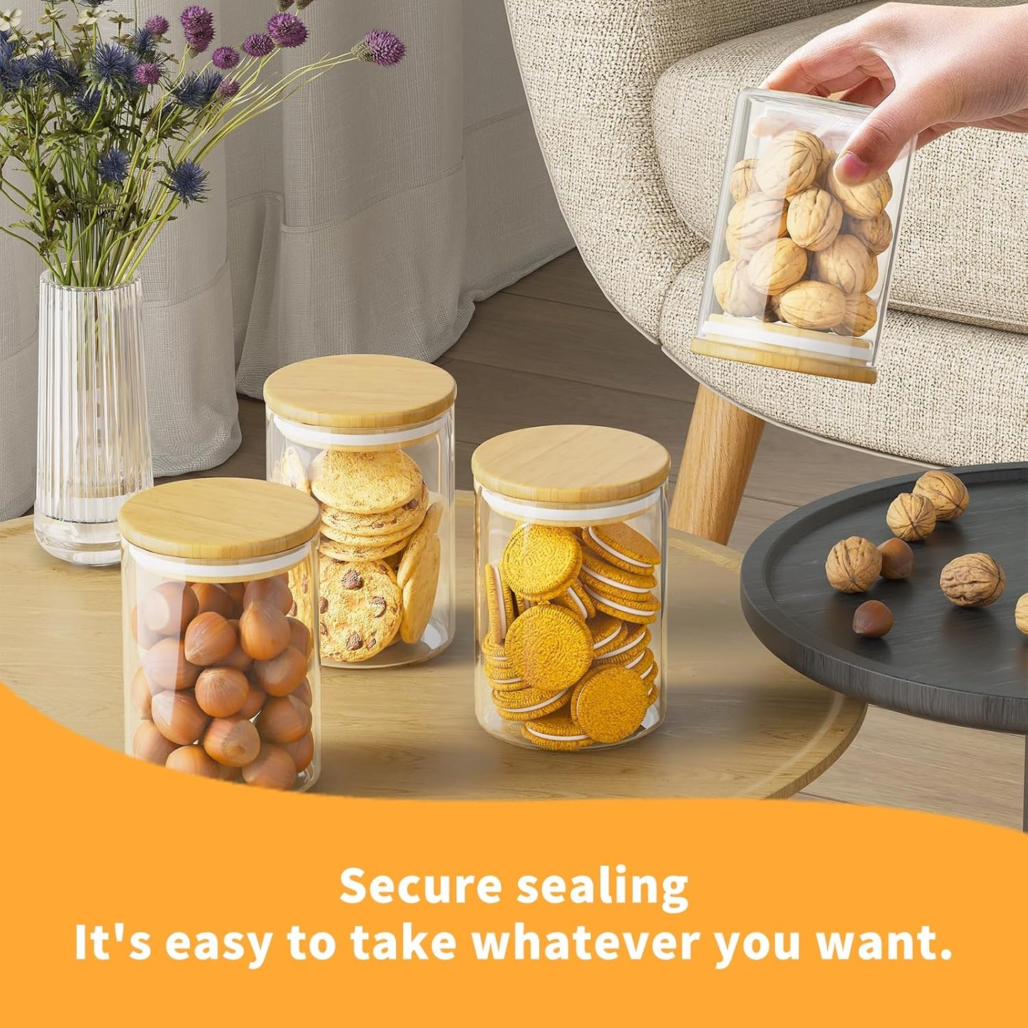 6 Piece Glass Storage Jars Set with Airtight Bamboo Lids and Labels,18.6oz/550ml Glass Spice Jars Food Storage Containers for Home Kitchen,Pantry, Tea, Sugar, Salt, Coffee, Flour, Herbs, Grains