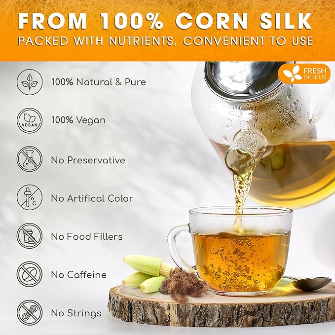 FreshDrinkUS, Premium 135 Tea Bags Corn Silk Tea, 100% Natural & Pure from Corn Silk. Herbal Tea. Clean Ingredients. Made with Natural Material Tea Bags. No Sugar, No Caffeine, Vegan.