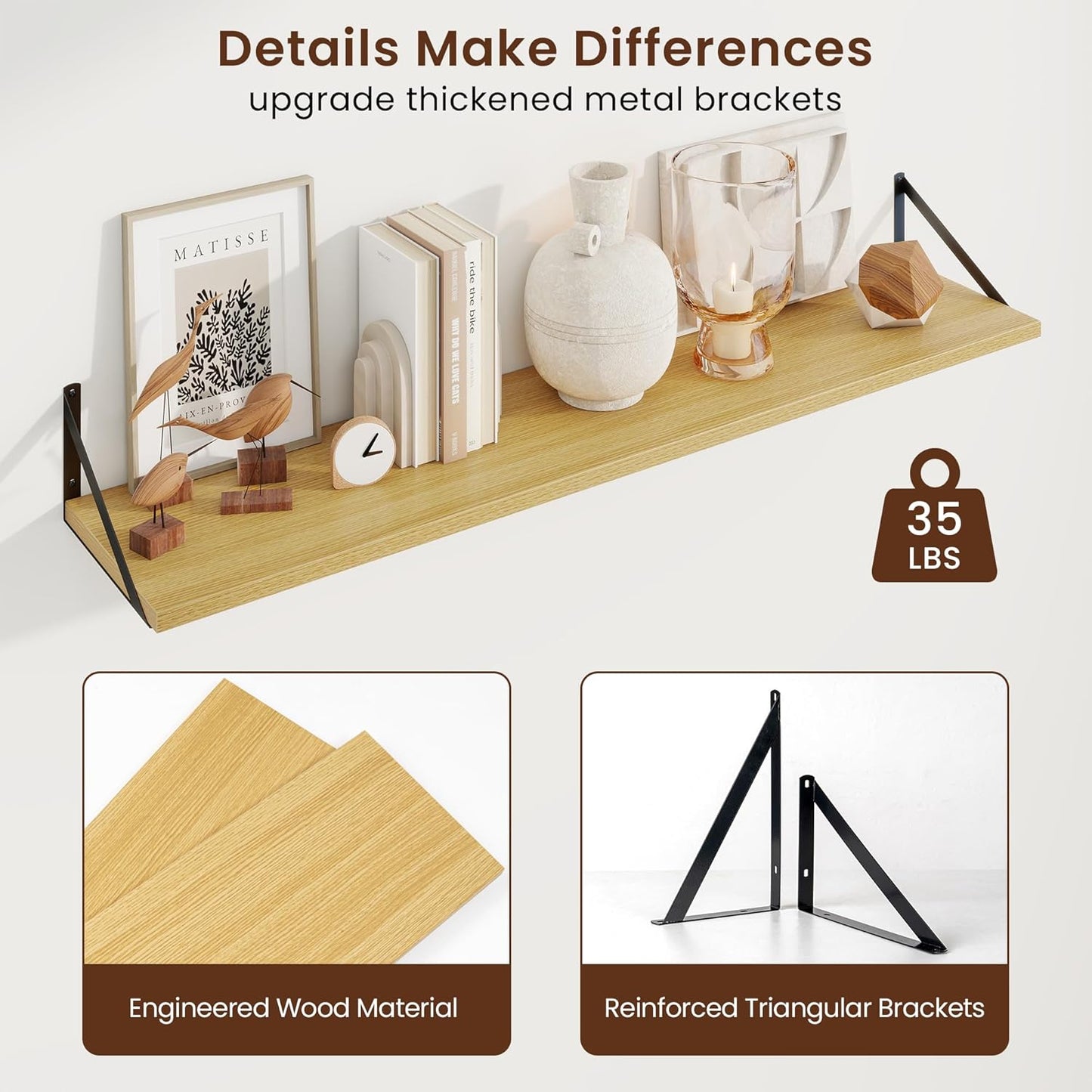 Axeman Deep Floating Shelves for Wall - 48 Inch Wide x 10 Inch Deep Floating Shelves Set of 2 -Oak Wide Wall Shelves for Living Room Bathroom Bedroom