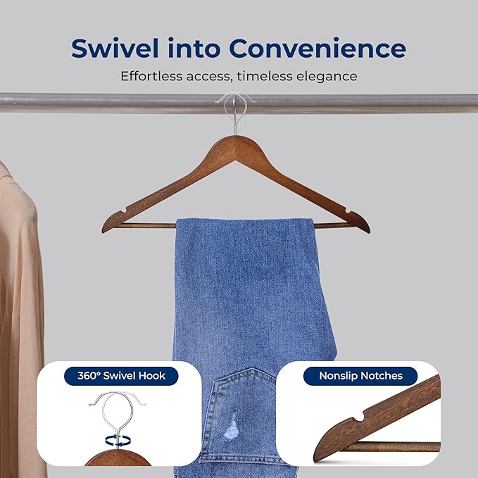 SereneLife 30 Pack Wooden Clothes Hangers – Heavy Duty Wood with Non-Slip Notches, 360° Swivel Chrome Hook & Pants Bar – Vintage Finish Suit Coat Hangers for Closet Organization
