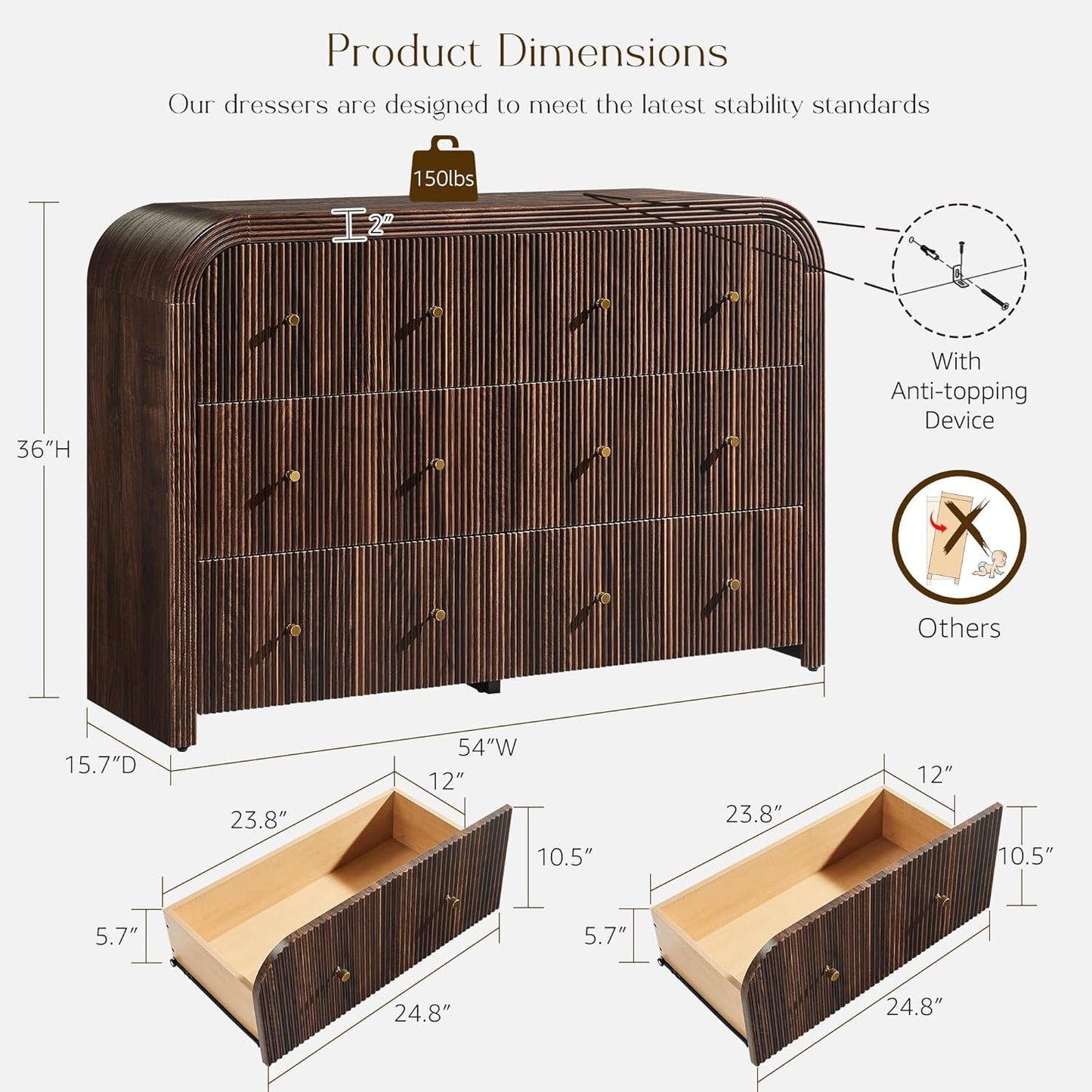 T4TREAM Fluted 6 Drawers Dresser for Bedroom, 54" Wide Modern Chest of Drawers with Thickened Curved Profile Design, Wood Dressers TV Stand for Bedroom, Living Room, Hallway, Dark Walnut