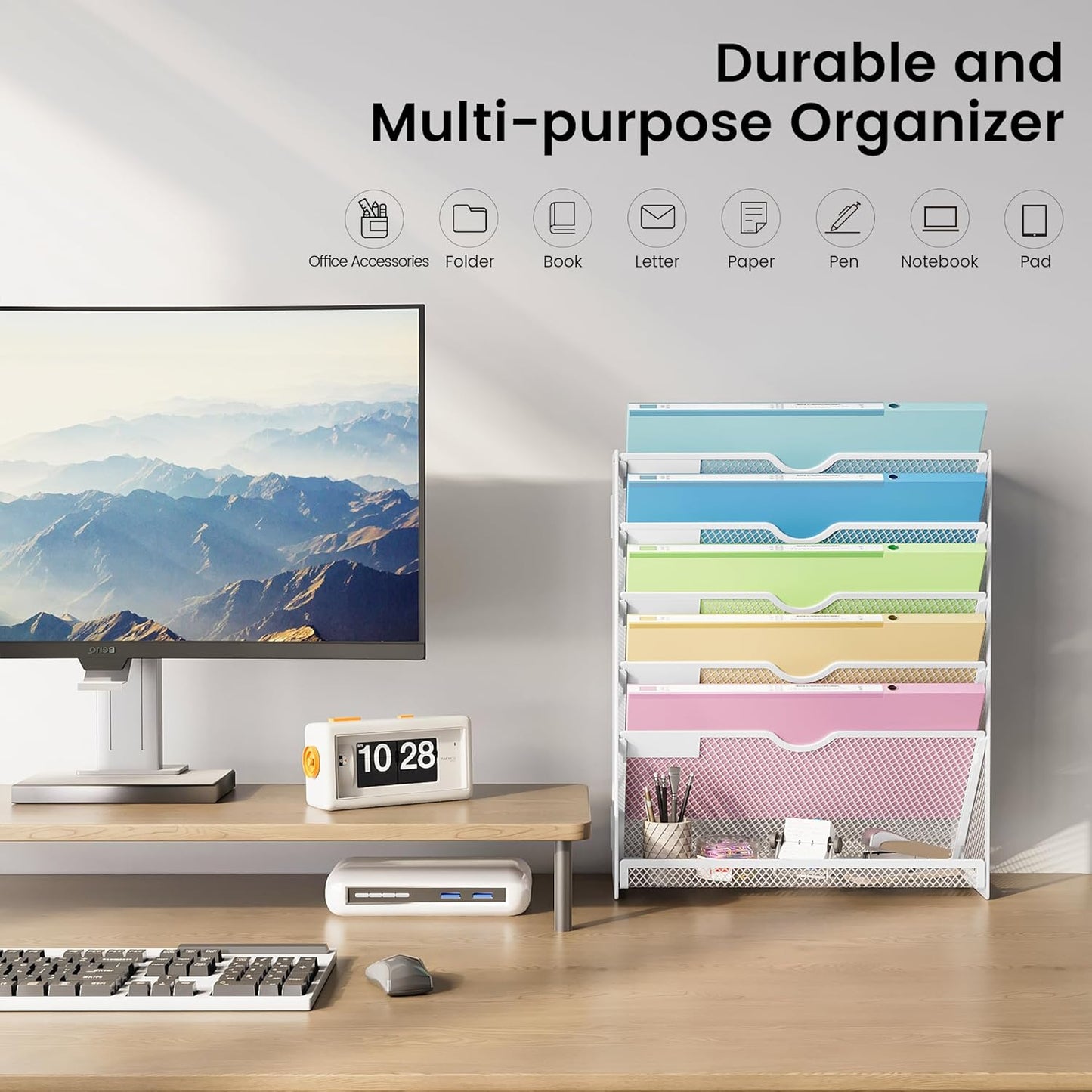 Hanging Wall File Organizer Mesh 6 Tier Wall Mounted Mail Paper Folder Holder Document Organization Stand Desk File Organizer Tray for Office & Home Cubicle Countertop-White