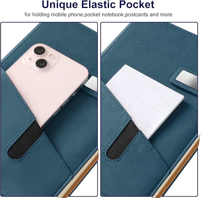 A5 Lined Leather Notebook and Pen Set with Gift Box, 240 Pages Refillable Journal with Pocket and Magnetic Buckle, Hardcover Daily Diary for Men and Women Business Travel Personal Writing- Blue