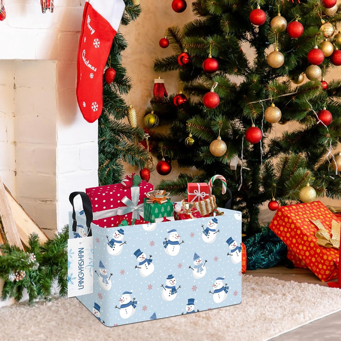 LANGYASHAN Rectangular Christmas Snowman Storage Basket with Handles for Organizing Home Kitchen Boys and Girls Toys Office Closet Shelf Baskets (Rec Christmas Snowman)