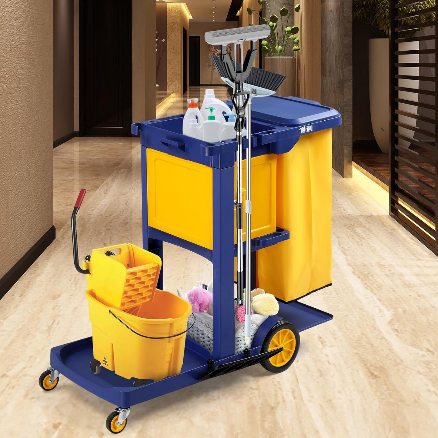 TUFFIOM Multifunctional Janitorial Cart with Key-Locking Cabinet,Cleaning Carts on Wheels,with 15 Gallon Collection Bag,500 lbs Capacity, Yellow&Blue