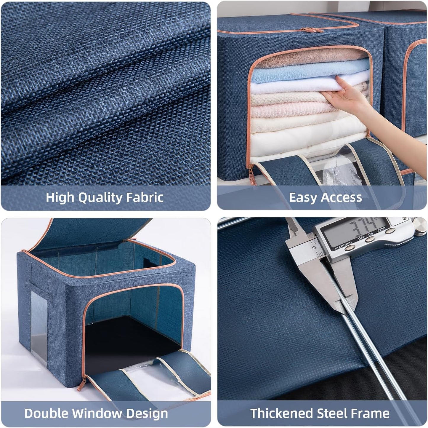 66L Stackable Clothes Storage Bins with Metal Frame Handles & Zipper, Collapsible Closet Organizer Box with Lid for Bedding Blankets Towel (Navy,1 pack)