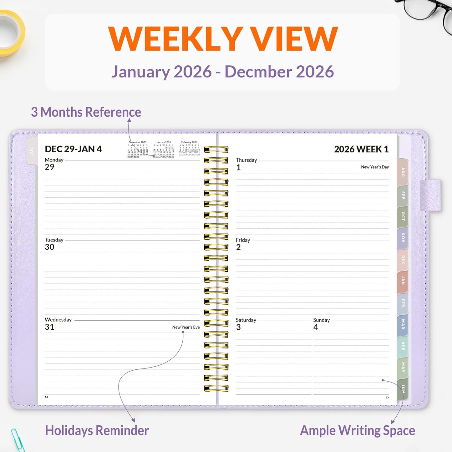 SUNEE 2026 Weekly & Monthly Planner 6.4"x8.5"- 12 Month (January 2026 - December 2026), Vegan Leather Cover, Pocket, Bookmark, Notes, Monthly Tab, Purple