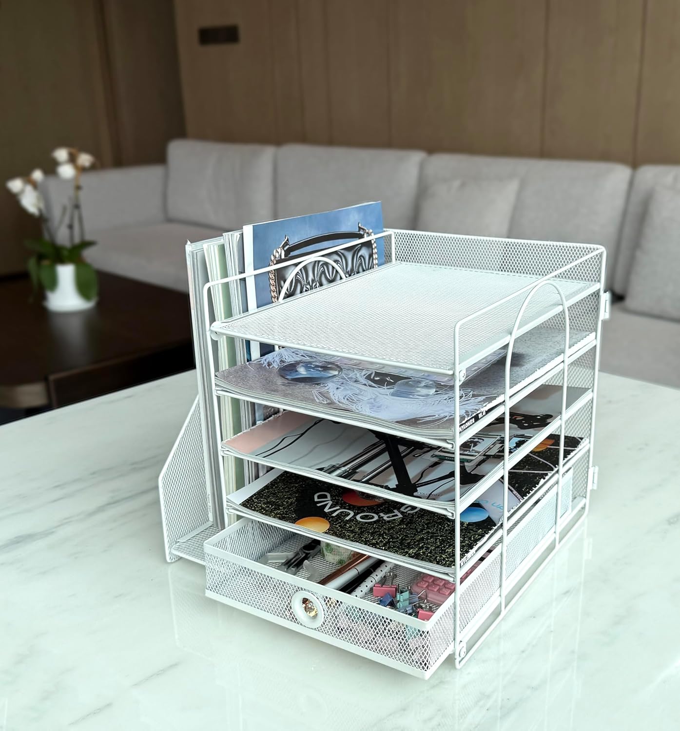 5-Tier Paper Letter Organizer with File Holder, Desk Organizer with Drawer, Mesh Desktop Storage with Magazine Holder for Office Supplies (White)