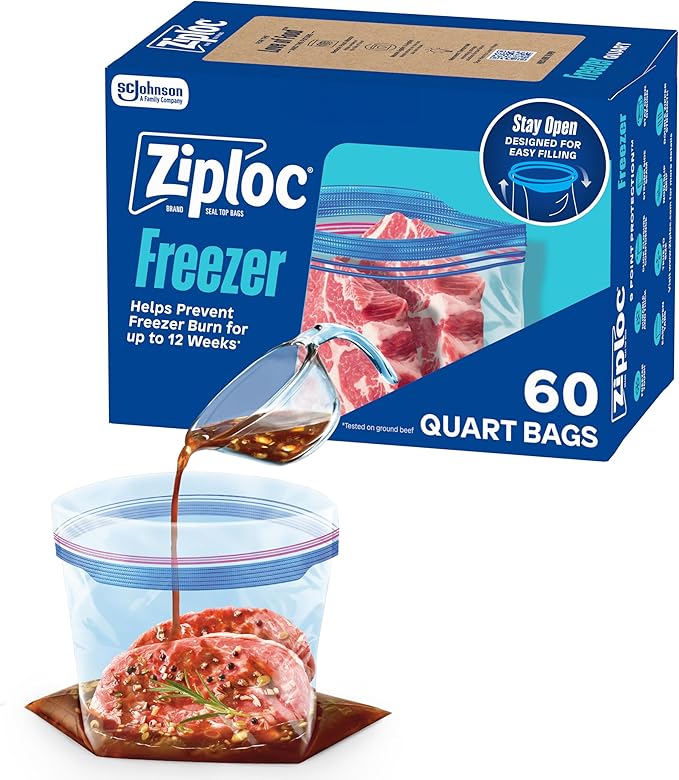 Ziploc Quart Food Storage Freezer Bags, Stand-Up Bottom, Easy to Fill, 60 Count (Packaging May Vary)