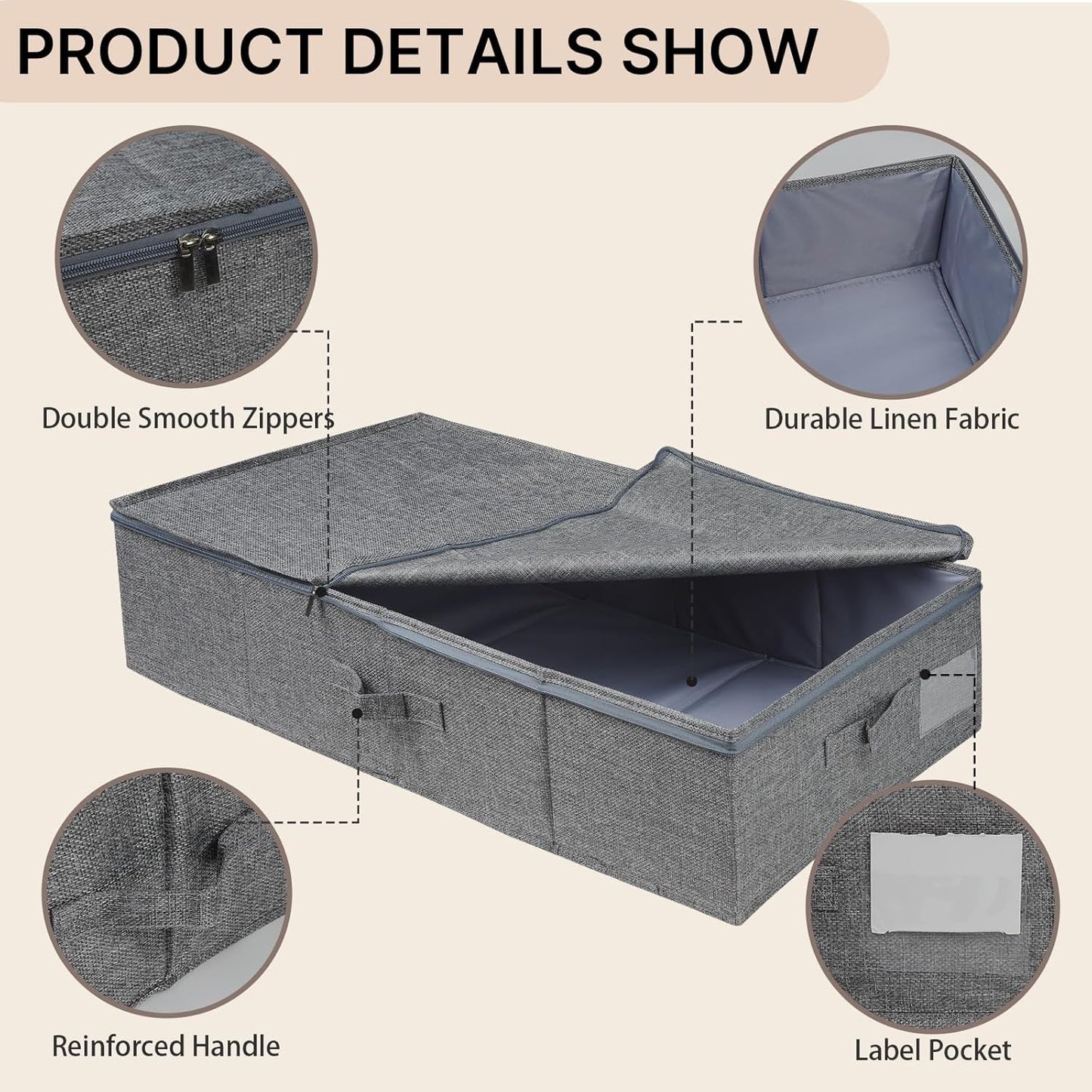 Under Bed Storage Container Bins with Lid,2 Pack Foldable Underbed Storage Organizer,50L Large Underbed Bag for Organizing Clothes Blankets Pillows(Grey)