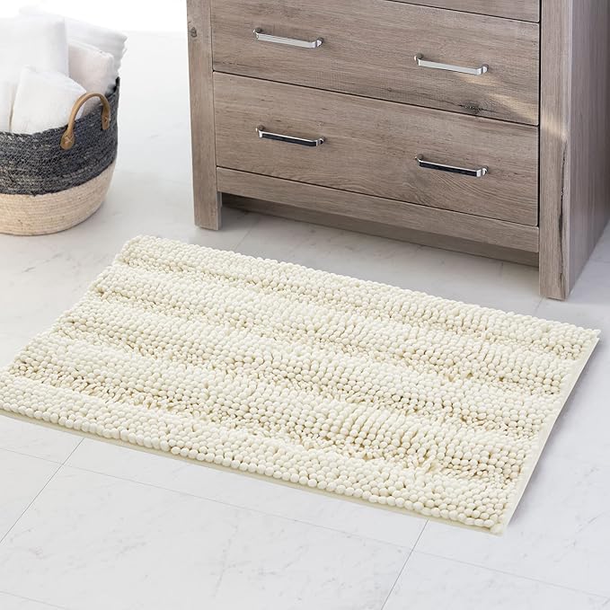 KGORGE Washable Bath Mats White Rugs for Bathroom - Chenille Anti-Skidding Water Absorbent Machine Quick Dry Kitchen Mats for Shower Bathtubs Bedroom, Cream, 20" W x 32" L, 1 Piece