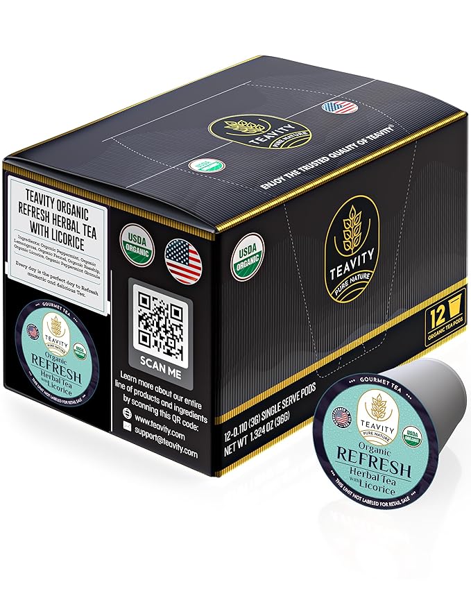 Organic Licorice Mint Tea Pods for Keurig - Natural Decaf Peppermint Tea by Teavity (12 Tea Pods)