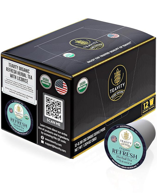 Organic Licorice Mint Tea Pods for Keurig - Natural Decaf Peppermint Tea by Teavity (12 Tea Pods)