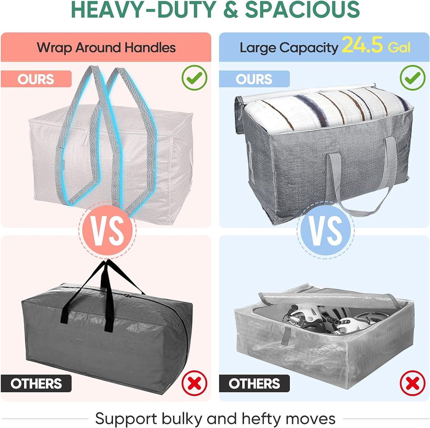 BALEINE 8-Pack Oversized Moving Bags with Reinforced Handles, Heavy-Duty Storage Tote for Clothes, Moving Supplies (Winter Grey, 8-Pack)