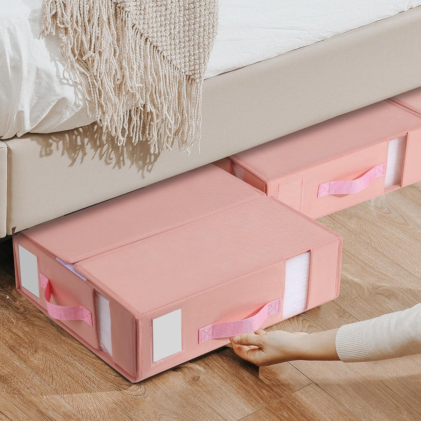 DIMJ Bed Sheet Organizers 6Pack, Folding Sheet Bedding Storage Organizer, linen closet organizer with Window Handle (Queen or King Size) for Bed Sheets Duvet Covers Pillowcases