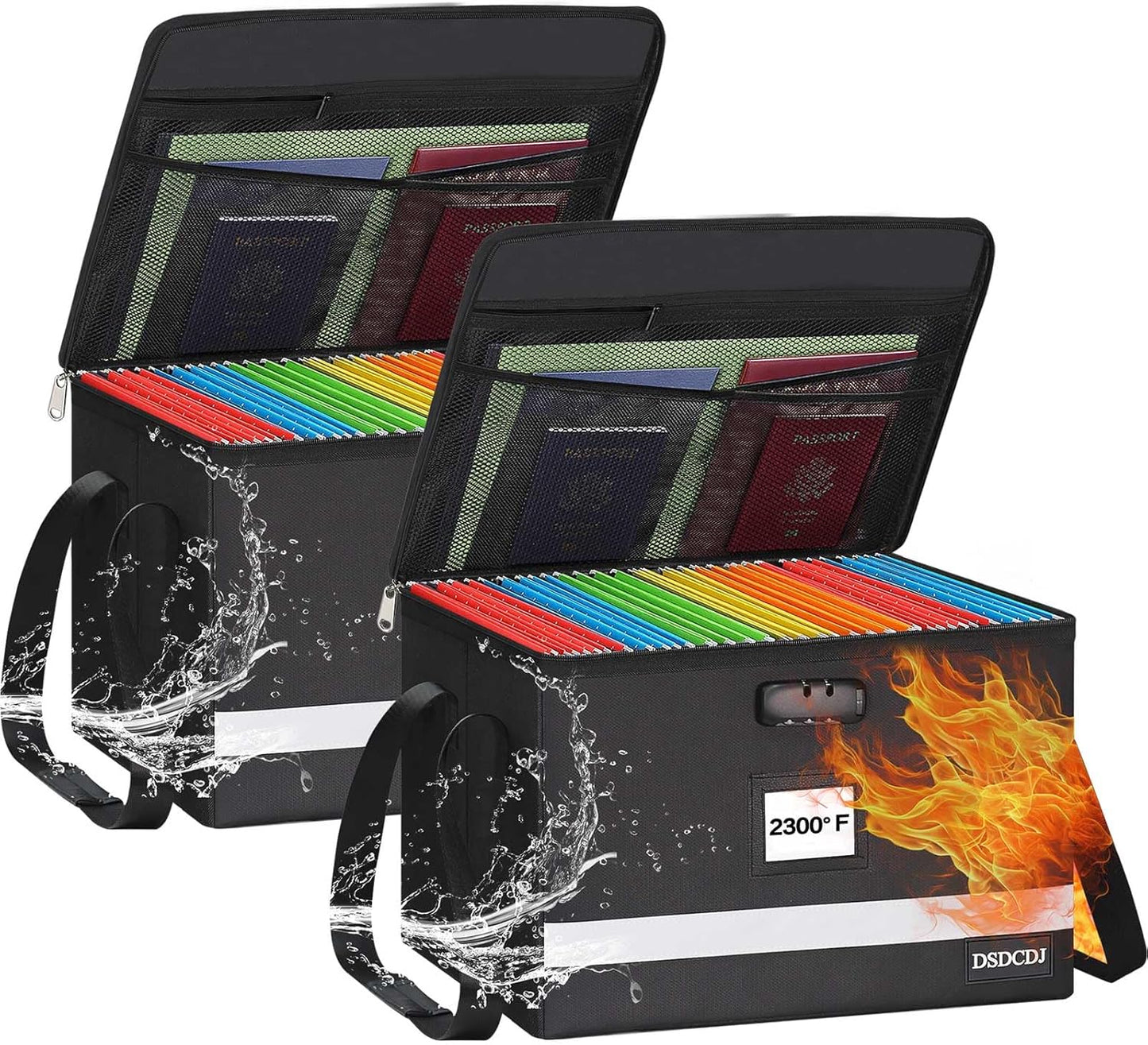 Fireproof File Box with Lock 2 Pack, Upgraded Fireproof Document Box with Reflective Strip, Portable File Organizer Filing Cabinet with Handle for Hanging Letter/Legal Folder, 15.5x12.3x10.5