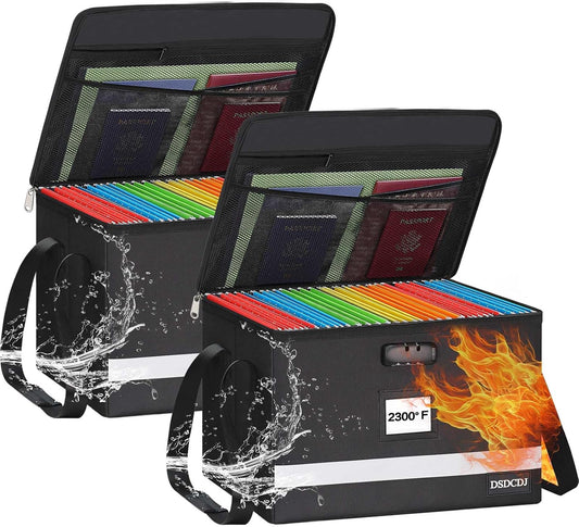 Fireproof File Box with Lock 2 Pack, Upgraded Fireproof Document Box with Reflective Strip, Portable File Organizer Filing Cabinet with Handle for Hanging Letter/Legal Folder, 15.5x12.3x10.5